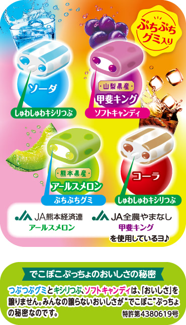 ソーダ／山梨県産 甲斐キング／熊本県産 アールスメロン／コーラ　JA熊本経済連 アールスメロン、JA全農やまなし 甲斐キングを使用しているヨ