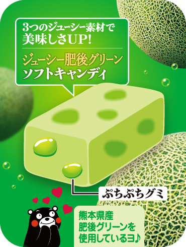 ３つのジューシー素材で美味しさUP！ ジューシー肥後グリーンソフトキャンディ　熊本県産肥後グリーンを使用しているよ