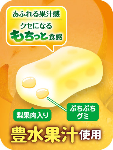 あふれる果汁感／クセになるもちっと食感　豊水果汁使用