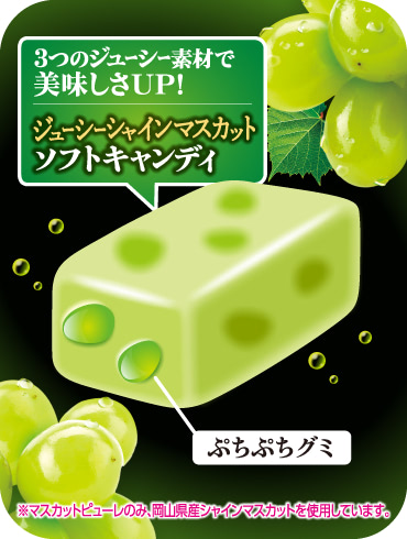 ジューシーシャインマスカット ソフトキャンディ／ぷちぷちグミ　※マスカットピューレのみ岡山県産シャインマスカットを使用しています。